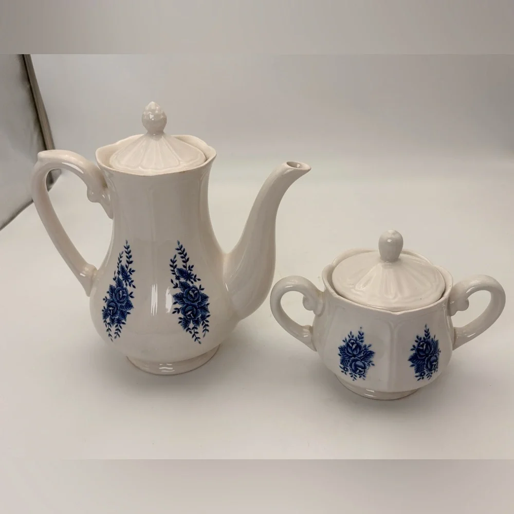 Vintage Mayhill Federalist Ironstone Teapot and Sugar Bowl Set - Blue and White
